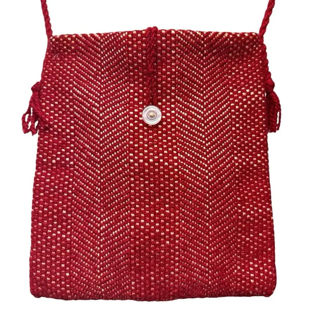 Hand Woven Knit Red Crochet Shoulder Crossbody Bag Lined Button Flap Handmade